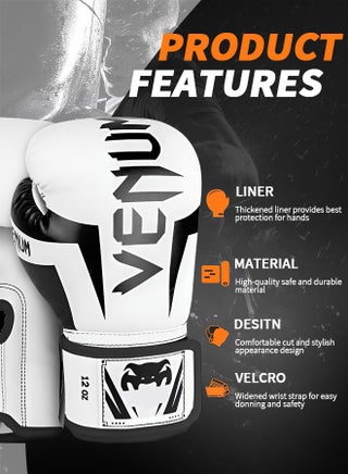 12OZ Boxing Gloves PU Leather, Muay Thai Kickboxing MMA Sparring Training, Advanced TAKKA Closure, Padding, Punch Bags Speed Ball Focus Pads Workout-White - view 2